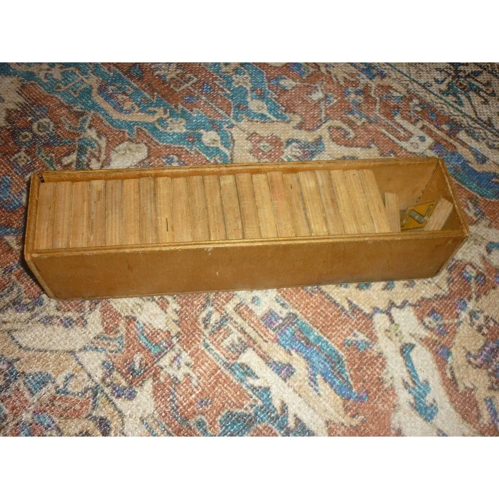 Antique Wood Alphabet Animal Spelling Tiles in Dovetailed Wooden Box Incomplete